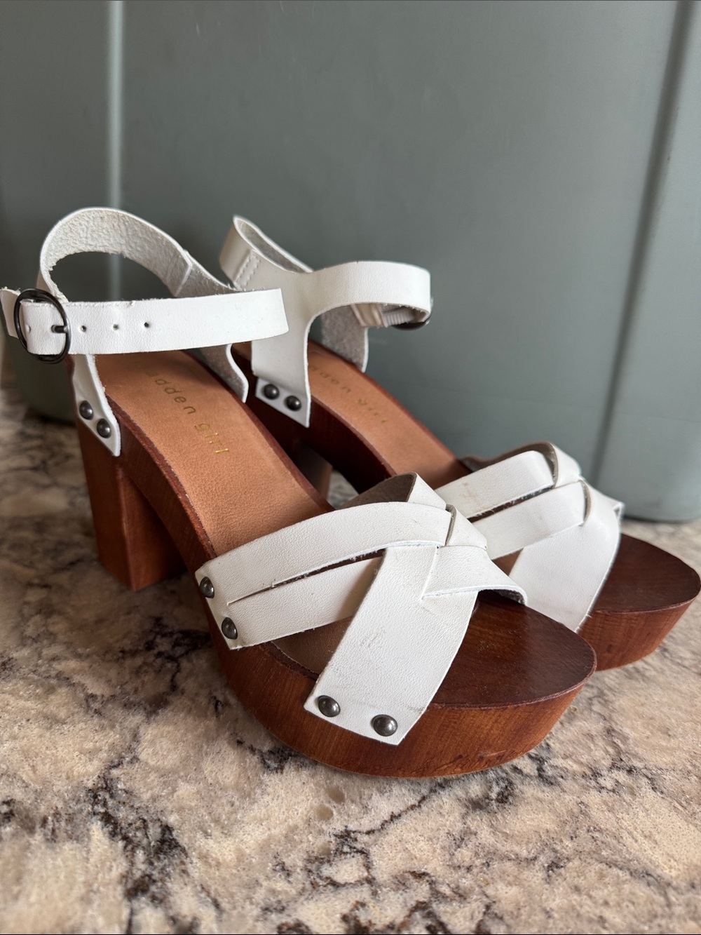 Madden Girl White Leather Platform Sandals with Wooden Block Heel